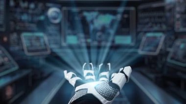 Beyin hologramı yüzerken bir avuç içi açık robot eli kapat. Robot el, teşhis koymak için tıbbi verilere erişip bağlantı kurarken beyin hologramını sunuyor. Sağlıklı..