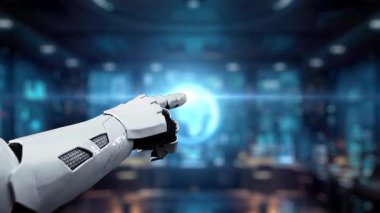 İleri teknolojili bir ortamda gelişmiş iletişimi tasvir eden, dijital bir beyinle etkileşen robotik bir elin sunduğu yapay zekanın gelecekteki bir temsili. Auvana