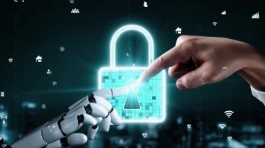 Gelecekçi robot yapay zeka yapay zeka yapay zekayı aydınlatıyor ve makine öğrenme kavramını geliştiriyor. İnsan hayatının geleceği için küresel robot biyonik bilim araştırması. 3B görüntüleme grafiği.