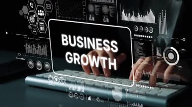 Dijital Veri Görselleştirmesi ve Karanlık Ofis Ortamı 'nda Modern Teknoloji ile İş Büyüme Kavramı. Asemptotik akıllı veri analitiği.