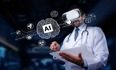 Bir doktor, modern sağlık uygulamalarını ve hasta danışmanlıklarını geliştiren yenilikçi yapay zeka unsurları sergileyen sanal gerçeklik teknolojisiyle ilgileniyor. PHMT