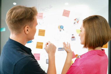 Zihin haritası ve renkli yapışkan notlar kullanarak pazarlama stratejisi hakkında yaratıcı Kafkas iş ekibi beyin fırtınası yapıyor. Yaratıcı iş tartışması ve takım çalışması konsepti. Arkadan bak. - Yakın çekim. Tertemiz..