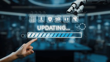 Güncelleme sürecini gösteren dijital bir ilerleme çubuğuyla etkileşime giren bir elin yakın çekimi. Robot bir el, yüksek teknolojili çalışma alanının üzerinde hareket eder, otomasyonu sembolize eder. Auvana