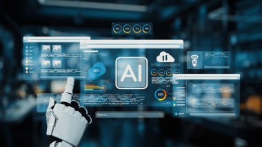 İleri teknoloji ve veri yönetimi çözümlerini sembolize eden, etkileşimli arayüzleri ve el hareketleriyle yapay zeka içeren gelecekteki dijital çalışma alanı. Auvana