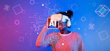 Bir kadın, geometrik şekiller ve renkli ışık desenleriyle dolu canlı bir dijital ortamda VR kulaklıkla etkileşime geçerek teknoloji ve yaratıcılığın füzyonunu sergiliyor. XDMCP