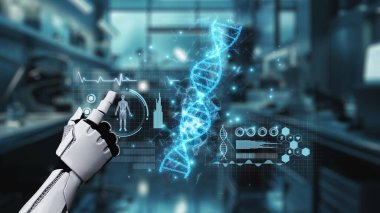 Tıbbi verilere ya da teşhis semptomlarına erişmek için robot ellerle DNA hologramına tıklayın. Yapay zeka semptomları analiz ederken genetik simülasyonda robot el kontrolü. Sağlıklı..