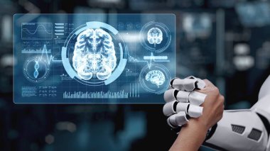 Robot el ve beyin hologramıyla insan eli sıkışıyor. Yapay zeka ve insanın birlikte çalışması ya da bulanık laboratuarlı beyin hologramıyla anlaşma yapması. Takım çalışması. Sağlıklı..