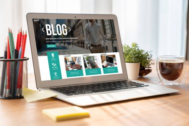 blogging concept, web blog Social Media Information network snugly. social media online content, freelance worker, working online, content creator, blogger, website, reading blog online on computer