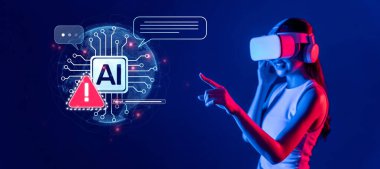 Sanal gerçeklik kulaklığı takmış bir kadın, gelecekteki yapay zeka unsurlarına sahip dijital bir çevrede geziniyor. Bağlılık, teknoloji ve yenilik sergiliyor. XDMCP