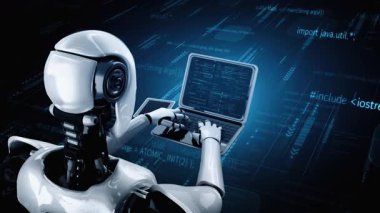 Futuristic robot artificial intelligence huminoid AI programming coding technology development and machine learning concept. Robotic bionic science research for future of human life. 3D rendering.