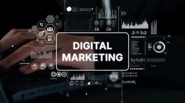 Modern İş Ortamı 'nda Dijital Pazarlama Grafikleriyle Profesyonel Eller Klavyede Yazıyor. Asemptotik akıllı veri analitiği.
