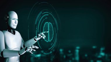 AI hominoid robot touching virtual hologram screen showing concept of big data analytic using artificial intelligence thinking by machine learning process. 3D rendering.