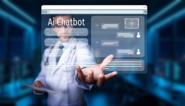 Çağdaş bir hastane ortamında sanal ekranda görüntülenen yapay zeka sohbet robotuyla etkileşime giren bir doktor, teknolojinin hasta bakımı ve teşhisine entegrasyonunu gösteriyor. PHMT