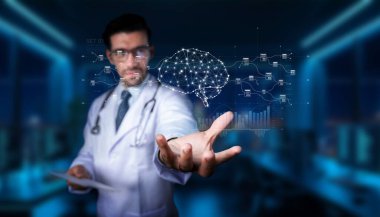 Bir doktor dijital beyin grafiği ile iletişim kurarak, sağlık ve teknolojinin birleşmesini sembolize eder. Sahne modern bir tıbbi ortamda yenilikleri yakalıyor. PHMT