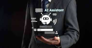 Yapay zeka sanal asistanı Chatbot ile yapay zeka konsepti ile insan etkileşimi, yapay zeka mühendisliği, LLM yapay zeka derin öğrenimi iş desteği için üretken yapay zeka kullanımı. FaaS