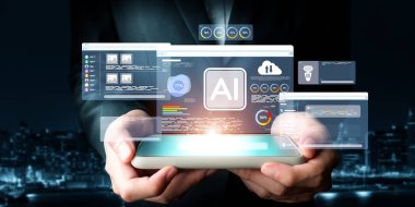 Yapay zeka mühendisliği, büyük veri ve yapay zeka makinesi kavramında yapay zeka beyin işlemcisiyle iş desteği için üretken yapay zeka kullanmayı öğrenen insan etkileşimi. EIDE