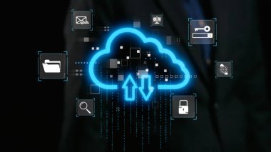 Okları yükleme ve indirme ile bulut hesaplamasının görsel temsili, modern bir iş ortamında veri depolama ve dijital bağlantı gösterimi. Dörtgen