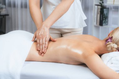 Kafkasyalı kadın müşteri stres önleyici spa masajının keyfini çıkarıyor ve lüks otel ya da oteldeki gündüz açık ortam güzellik salonunda güzellik teniyle eğleniyor. Sessiz.