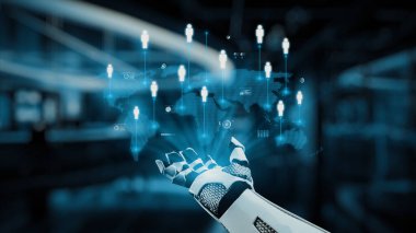 Gelecekçi bir robot el, teknolojinin ve yapay zekanın modern iletişim ve veri analizine entegrasyonunu sembolize eden holografik bir dünya haritasına doğru uzanır. Auvana