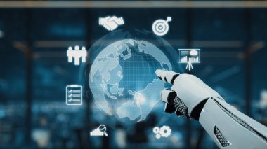 Bir robot el, modern bir iş ortamında yenilik ve küresel bağlantıyı sembolize eden çeşitli teknoloji simgelerini gösteren dijital bir küreye doğru uzanır. Auvana