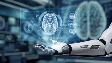 Beyin hologramı yüzerken bir avuç içi açık robot eli kapat. Robot el, teşhis koymak için tıbbi verilere erişip bağlantı kurarken beyin hologramını sunuyor. Sağlıklı..