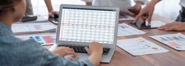 Bilgisayar ekranındaki muhasebe yazılımı finansal hesap tablolarını ve şirket işletmelerinin hesap bakiyesini gösteriyor. Muhasebeciye iyi bir hesap açığı sunuyor.