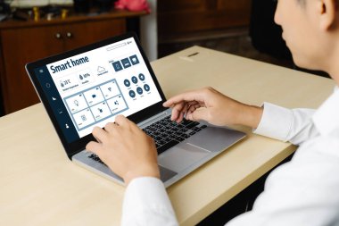 Smart home technology, centric remote control system with digital dashboard for air conditioning, safety security network or house automation. App software, ui panel programming IOT monitor snugly