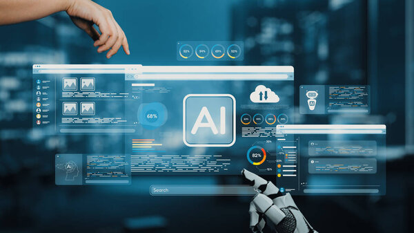 A modern digital workspace showcases advanced AI technology, featuring data analytics, interactive elements, and user-friendly interfaces, highlighting innovation and automation. Auvana