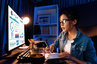 Gülümseyen genç, güzel Asyalı yaratıcı satış hedefi raporunun kar tablosuna bakıyor ve notlar üzerine notlar yazarak neon ışığı gecesinde yeni bir strateji pazarı projesine yatırım yapmayı planlıyor. Taktik.