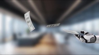 Fütürist bir robotik kol, günümüz dünyasında finans ve gelişmiş teknolojinin kesişimini temsil eden dolar banknotlarıyla modern bir ofis alanına yayılır. MZL