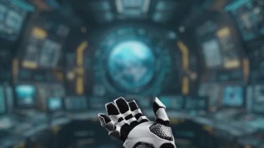 Fütürist bir robot el, modern bir çalışma alanında veri, teknoloji ve küresel iletişimi temsil eden dijital simgelerle çevrili ışıldayan bir küreyi zarifçe beşik gibi besler. Auvana