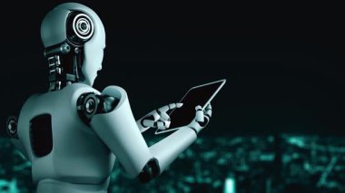 Future financial technology controll by AI robot huminoid uses machine learning and artificial intelligence to analyze business data and give advice on investment and trading decision . 3D rendering .