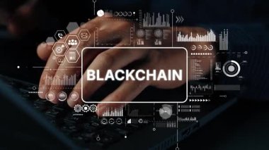 Veri Görselleştirme ve Dijital Çevrede Eller Klavyede Geleceğin Engelleme Teknolojisi Konsepti. Asemptotik akıllı veri analitiği.