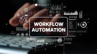 Eller Klavyede Çalışma Akımı Otomasyon Konsepti ve Arkaplanda Dijital Grafiklerle Yazıyor. Asemptotik akıllı veri analitiği.