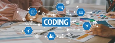 Renk paletleri ve süreç elemanları ile çevrili kodlama ve grafik tasarım görevleri üzerinde çalışan, yaratıcılık ve teknoloji temaları için mükemmel sahne gösterici eller. Dostluk