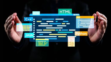 Modern bir programcı, HTML, ve C gibi çeşitli kodlama dillerini gösteren dijital bir arayüzle etkileşime girer ve bu görsel teknoloji ve yeniliğin özünü yakalar. Dörtgen