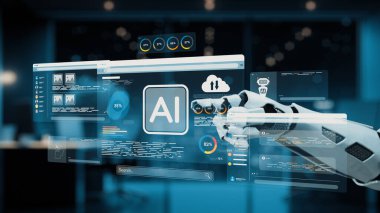 Parlak ve modern ofis atmosferinde yapay zeka verileri sunan dijital ekranlarla dokunmatik bir ekran arayüzü kullanan robotik elin yakın çekim görüntüsü. Auvana