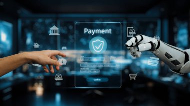 Bir el, dijital ödeme işlemlerini gösteren ve güvenlik ve teknoloji entegrasyonunu vurgulayan modern bir finansal ortamda robotik bir kolla etkileşime geçmek için uzanıyor. Auvana