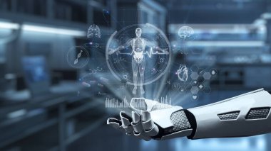 İnsan anatomisini gösteren ve bulanık laboratuvar geçmişine sahip robot el işaretlerini kapat. Robot el, tıbbi verileri teşhis semptomlarına bağlamak için x ray gösterge paneline tıklıyor. Sağlıklı..