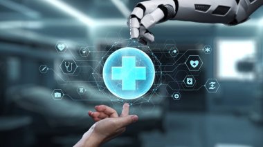 Robot ve insan elini uzatıyor ve yüzen tıbbi haç ikonu ile parmağıyla işaret ediyor. Laboratuvar geçmişini işaret ederken robot eller ve insanların birlikte çalışması yakın plan. Sağlıklı..