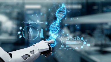 Bulanık laboratuvar arka planına sahip DNA hologramına robotik el gösterimi ve dokunuşlarını kapat. Tıbbi verilere erişmek ve onları teşhis semptomlarına bağlamak için robot el DNA ikonuna tıklıyor. Sağlıklı..