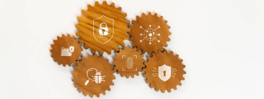 Birbirini bağlayan ahşap dişli panorama afişi, işletme şirketinde fonksiyon üretken sistemi ve etkili ve verimli çalışan sinerji takım çalışmasını sembolize eder. Sinerjik Dostluk