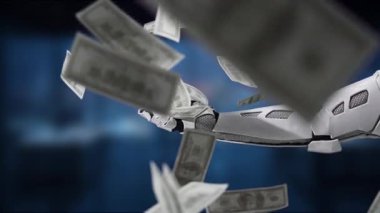 Modern ekonomide teknolojinin ve finansal başarının harmanlanmasını sembolize eden, etrafta yüzen para banknotlarıyla dışa doğru uzanan büyüleyici bir robot el görüntüsü. MZL