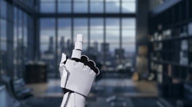 Yüksek teknolojili bir ofisteki dijital klasöre dokunan robot bir el, teknoloji ve veri yönetimi ve güvenlikle bütünleşmesinin bir şehir siluetine karşı olduğunu gösteriyor. Auvana