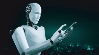 Robot hominoidler küresel ağ bağlantısı için yapay zeka, yapay zeka ve 4. endüstriyel devrim için makine öğrenme yöntemlerini kullanarak cep telefonu veya tablet kullanıyorlar. 3B görüntüleme.