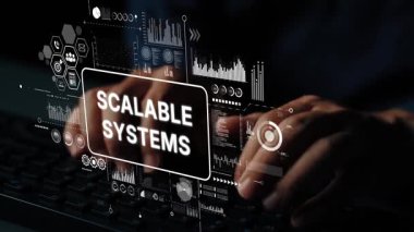 Klavyede Eller Yazılı Modern Teknoloji Konsepti ve Ölçeklenebilir Sistemler ve Veri Yönetimi için Dijital Grafikler. Asemptotik akıllı veri analitiği.
