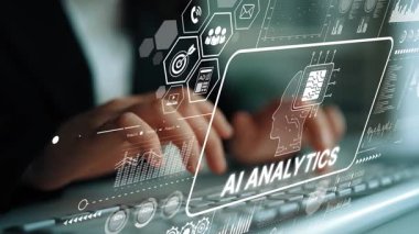 Eller Klavyede, Yapay Zeka Analitik Veri Görselleştirme Konsepti Modern Ofis Ayarları 'nda Üstüste konuldu. Asemptotik akıllı veri analitiği.