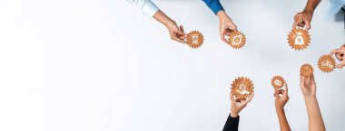 Çeşitli ellerde vites simgeleri vardır. Azaltma ve optimizasyon gibi anahtar iş kavramlarını sembolize ederler. Şirket ortamında takım çalışmasının ve işbirliğinin görsel bir temsili. Dostluk