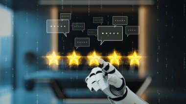 Beş altın yıldıza uzanan robotik bir el, modern teknolojiyi temsil eden sohbet baloncuklarıyla gösterişli dijital bir ortamda müşteri reytinglerini ve geri bildirimlerini sembolize eder. Auvana
