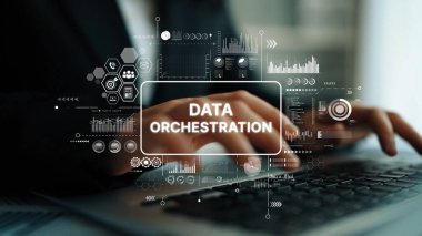 Klavyede Elleri Olan Veri Orkestrasyonu Konsepti ve Modern Çalışma Ortamı İş ve Teknoloji Uygulamaları için Dijital Grafikler. Asemptotik akıllı veri analitiği.